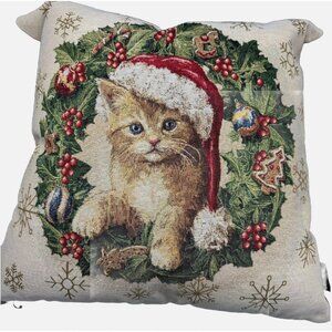 Caldeira Christmas Santa Hat Cat Wreath Snowflake Decorative Pillow Tapestry 19"